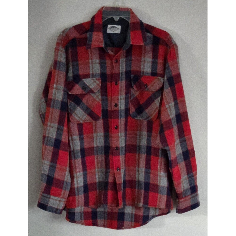Fieldmaster Red Plaid Flannel Shirt Men L Wool Blend Button‎ Down Workwear Vtg
